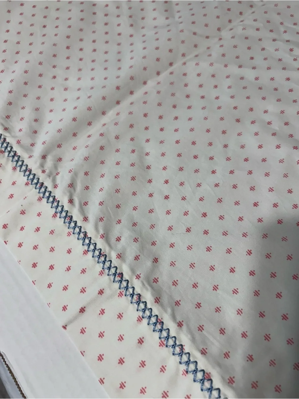 Opal House Sheet Set 3 Piece White & Salmon with Blue Embroidery Border XL Twin